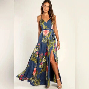 Lulus Still the One Blue Floral Print Satin Maxi Dress Sz M nwot( missing belt)